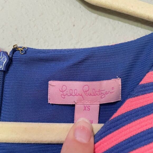 Lilly Pulitzer Pink & Blue Striped Fit Flare Dress XS Cap Sleeve Preppy Pleated - Picture 5 of 7